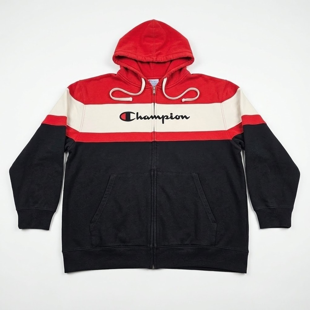 Champion Mens 2XL Full Zip Hoodie Sweatshirt Colorblock Red Black Spellout Flaws